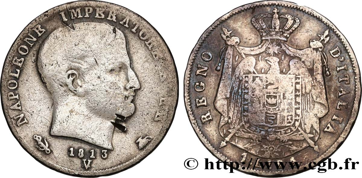 ITALIE - ROYAUME D ITALIE - NAPOLÉON Ier 1 Lira (V / M) 1813 Venise B+ 