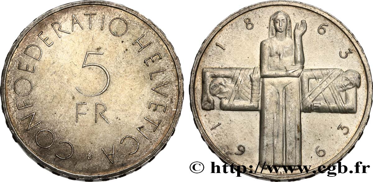 SCHWEIZ 5 Francs centenaire de la Croix Rouge 1963 Berne - B VZ 