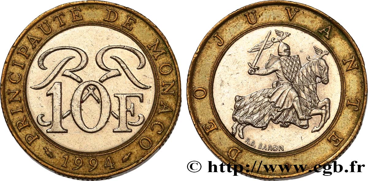 MONACO 10 Francs monogramme de Rainier III / chevalier en armes 1994 Paris VZ 
