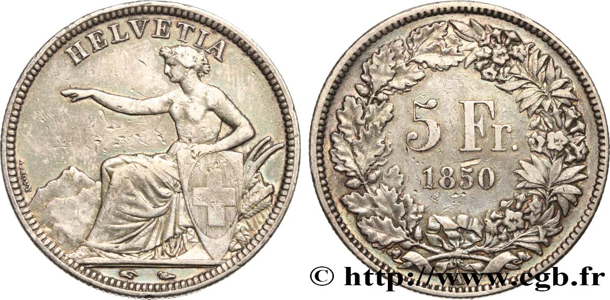 SUISSE - CONFEDERATION 5 Francs 1850 Paris MBC 