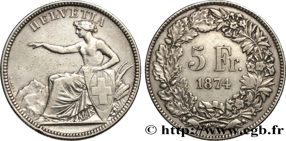 SWITZERLAND 5 Francs Helvetia assise 1874 Bruxelles VF/XF 