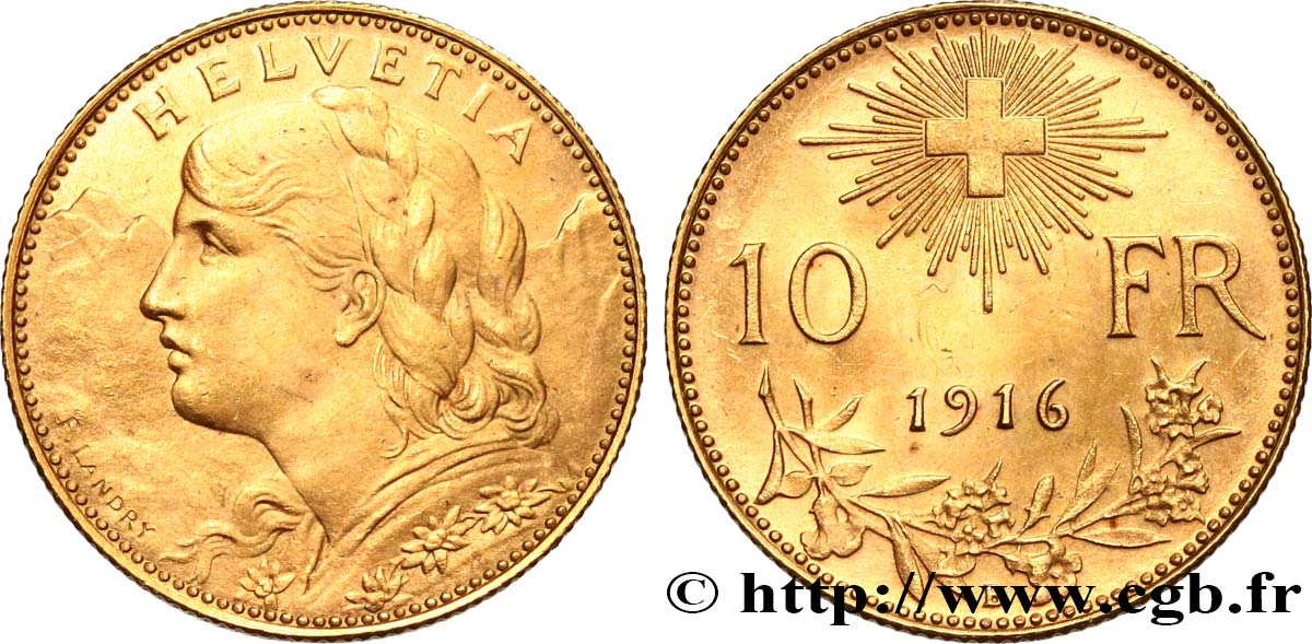 SWITZERLAND 10 Francs or  Vreneli” 1916 Berne MS 