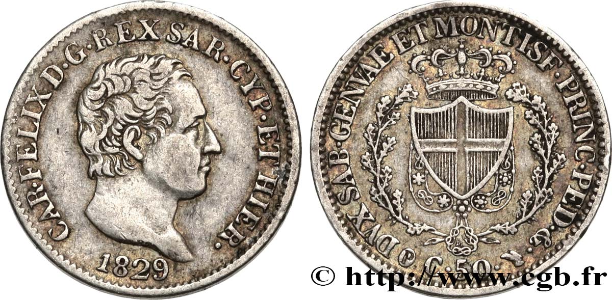 ITALY - KINGDOM OF SARDINIA 50 Centesimi Charles-Félix 1829 Turin XF/AU 