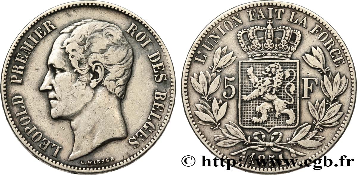 BELGIQUE 5 Francs Léopold Ier tête nue 1851  TTB 