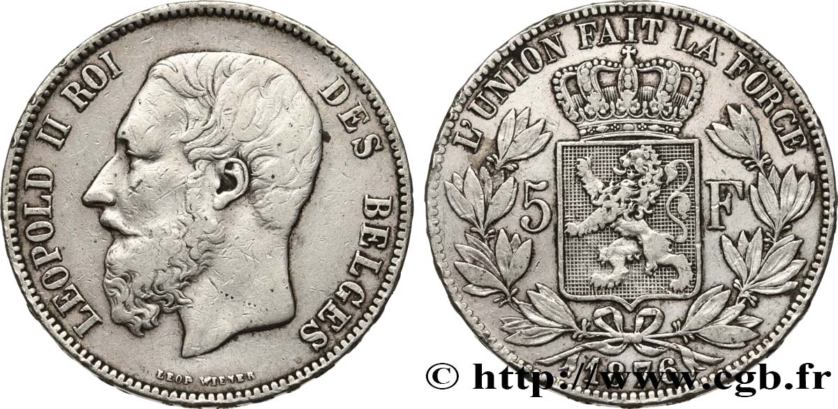 BELGIQUE 5 Francs Léopold II 1876  TB 