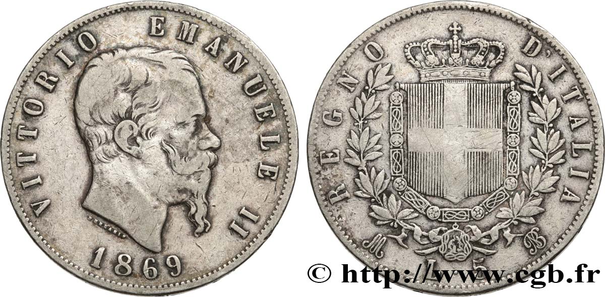 ITALIE 5 Lire Victor Emmanuel II 1869 Milan TB+ 