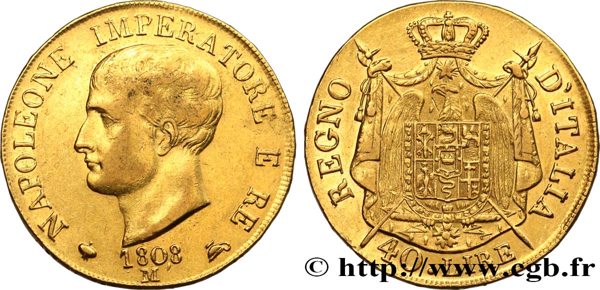 ITALY - KINGDOM OF ITALY - NAPOLEON I 40 Lire 1808 Milan XF/AU 