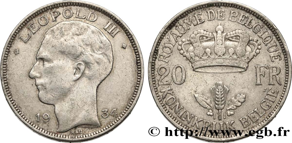 BELGIUM 20 Francs Léopold III 1934  XF 