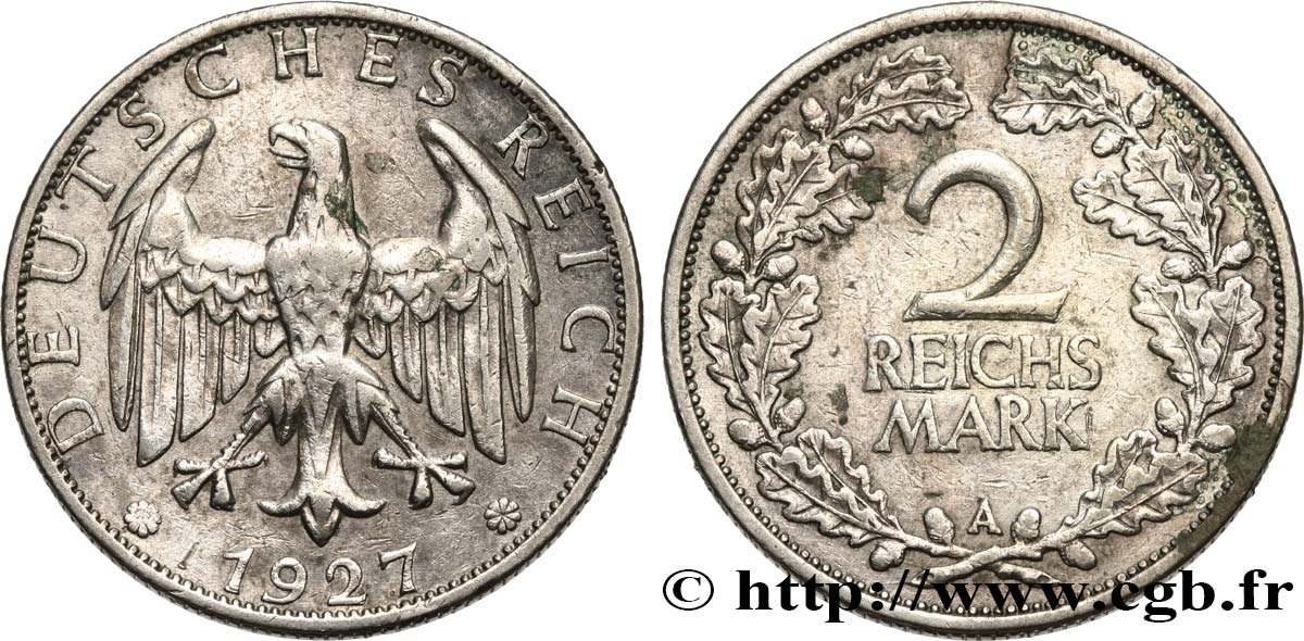 DEUTSCHLAND 2 Reichsmark aigle 1927 Berlin VZ 