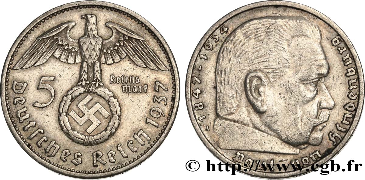 ALEMANIA 5 Reichsmark aigle surmontant une swastika / Maréchal Paul von Hindenburg 1937 Berlin MBC+ 