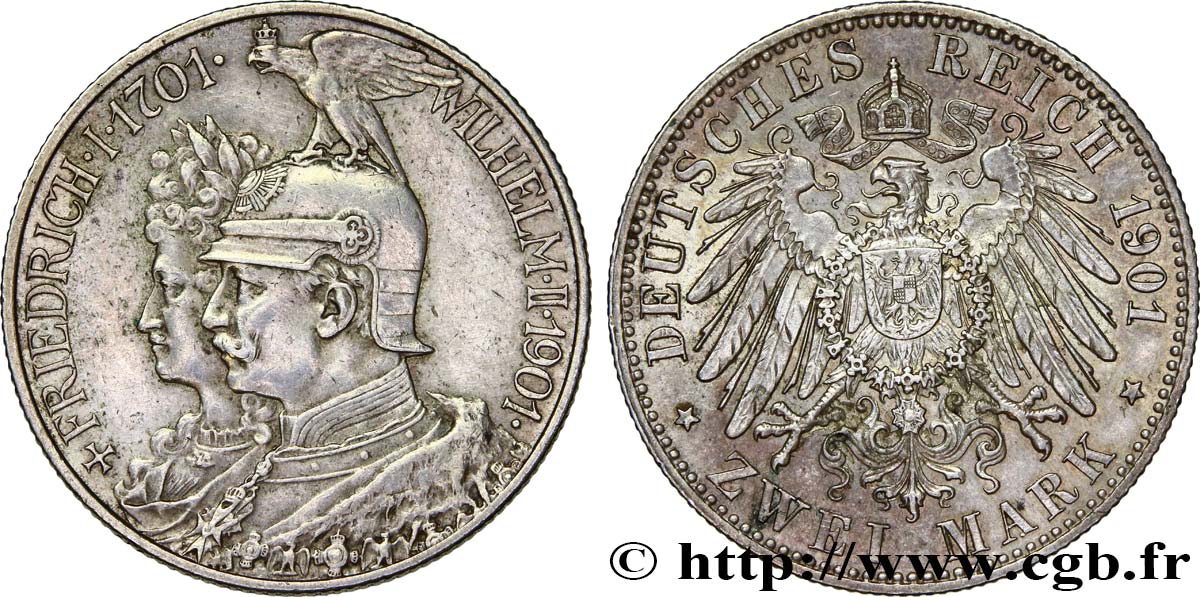 GERMANY - PRUSSIA 2 Mark Guillaume II 200e anniversaire de la Prusse 1901 Berlin AU 