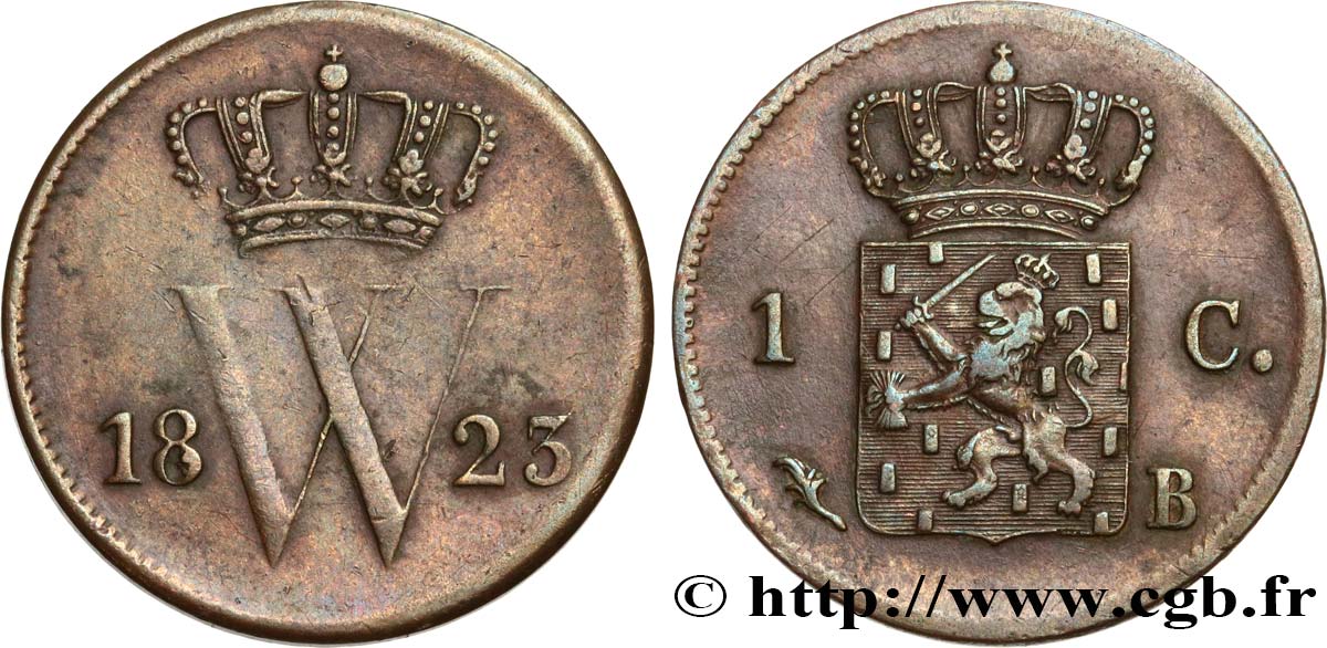 PAESI BASSI 1 Cent monogramme de Guillaume Ier 1823 Bruxelles q.BB 