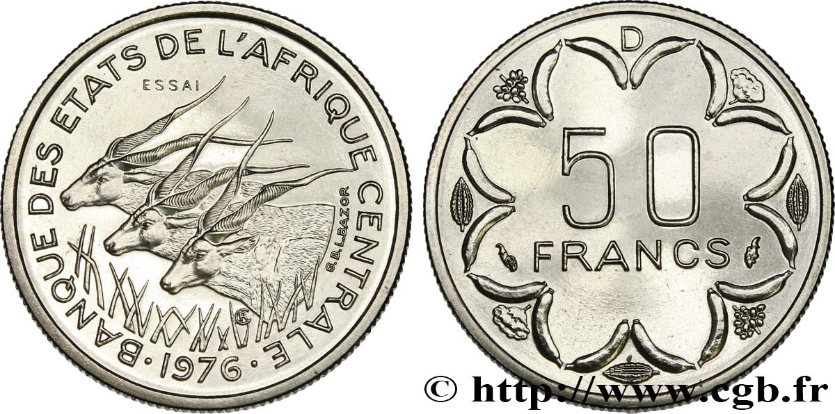 ESTADOS DE ÁFRICA CENTRAL
 Essai de 50 Francs antilopes lettre ‘D’ Gabon 1976 Paris FDC 