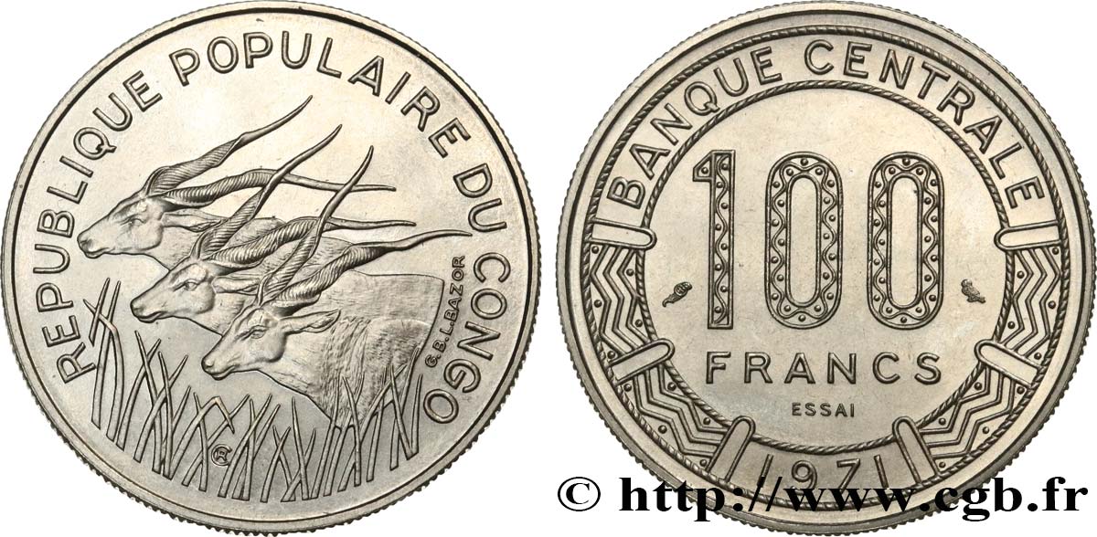 CONGO (RÉPUBLIQUE) Essai de 100 Francs type “Banque Centrale”, antilopes 1971 Paris SPL 