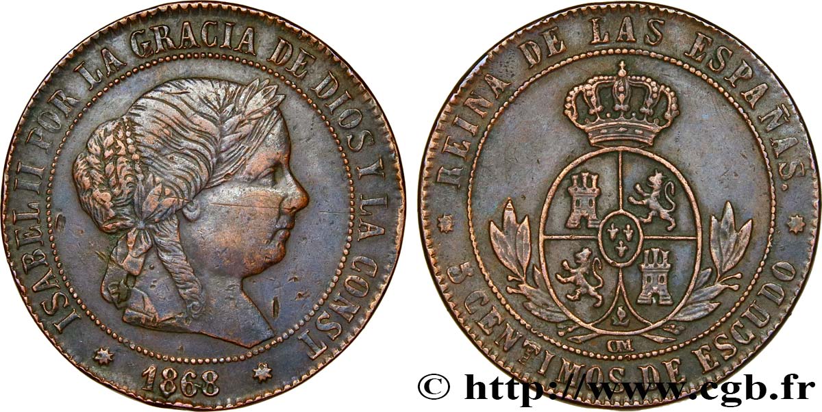 SPAIN 5 Centimos de Escudo Isabelle II  1868 Oeschger Mesdach & CO XF 