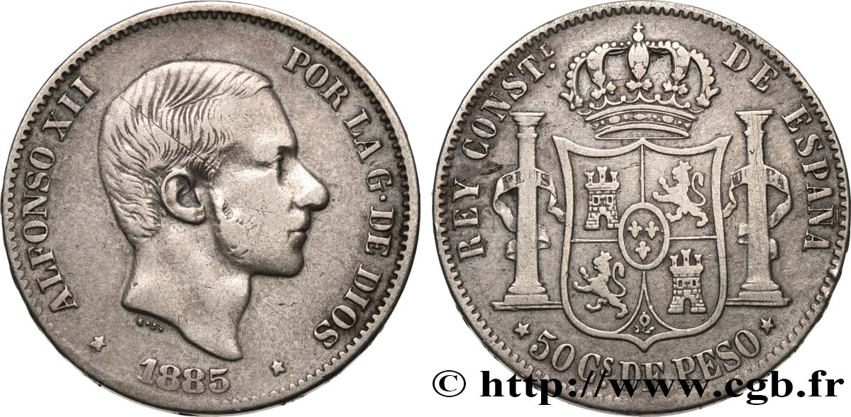 PHILIPPINES 50 Centimos de Peso Alphonse XII 1885 Manille VF/XF 