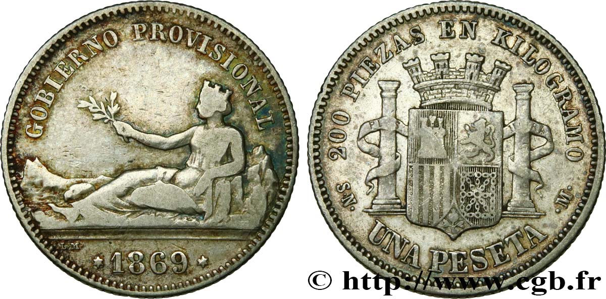 SPAGNA 1 Peseta monnayage provisoire avec mention “Gobierno Provisional” 1869 Madrid q.BB 