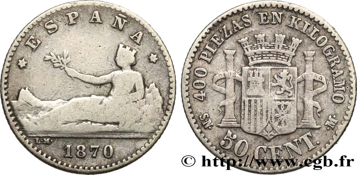 SPAIN 50 Centimos “ESPAÑA” allongée 1870 Madrid VF/VF 