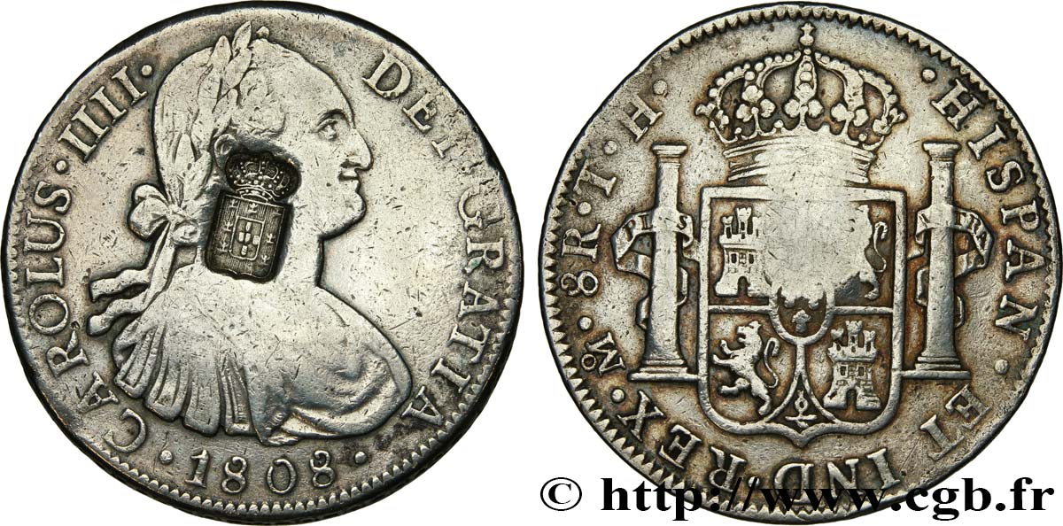 PORTUGAL 8 Reales Charles IV contremarquée 1808 Mexico BC+/MBC 