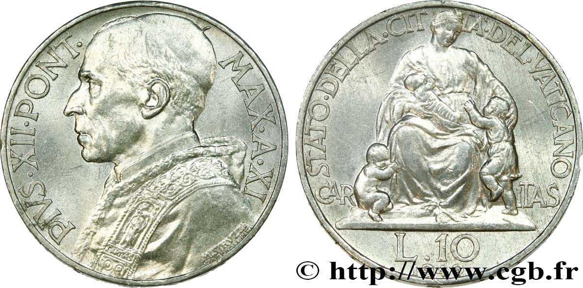 VATICAN AND PAPAL STATES 10 Lire Pie XII an XI / Caritas 1949  AU 