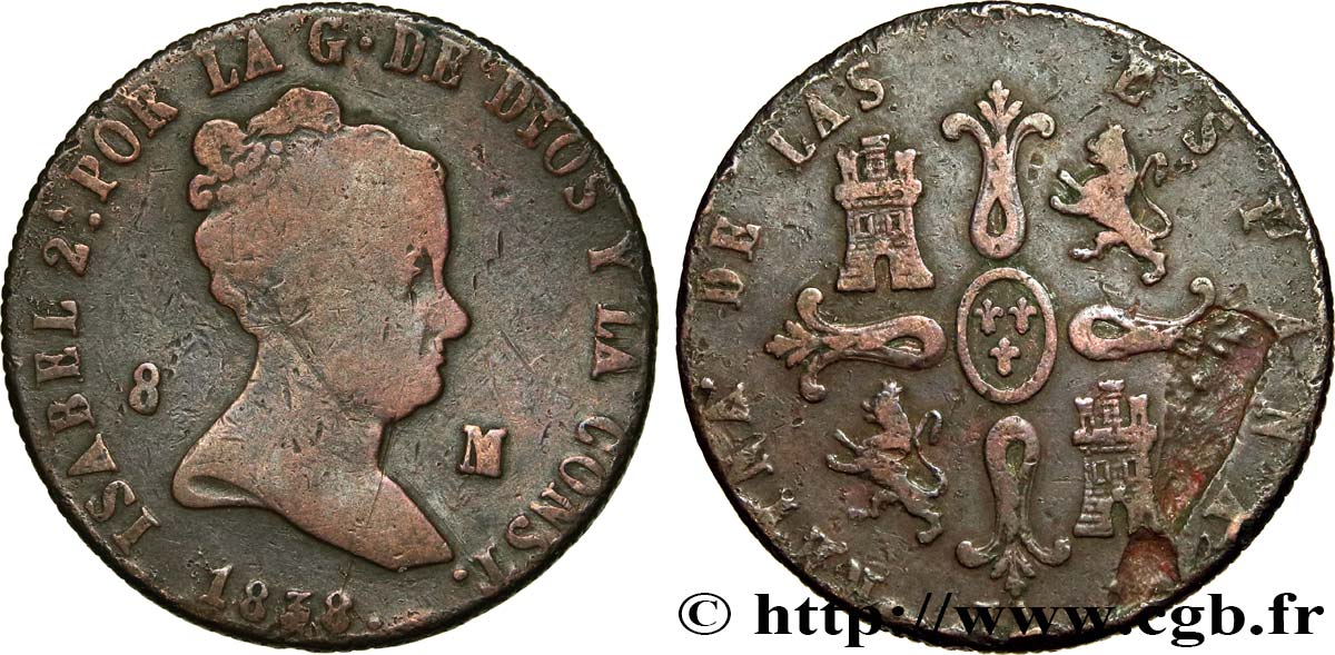 ESPAGNE 8 Maravedis Isabelle II 1838 Jubia TB 
