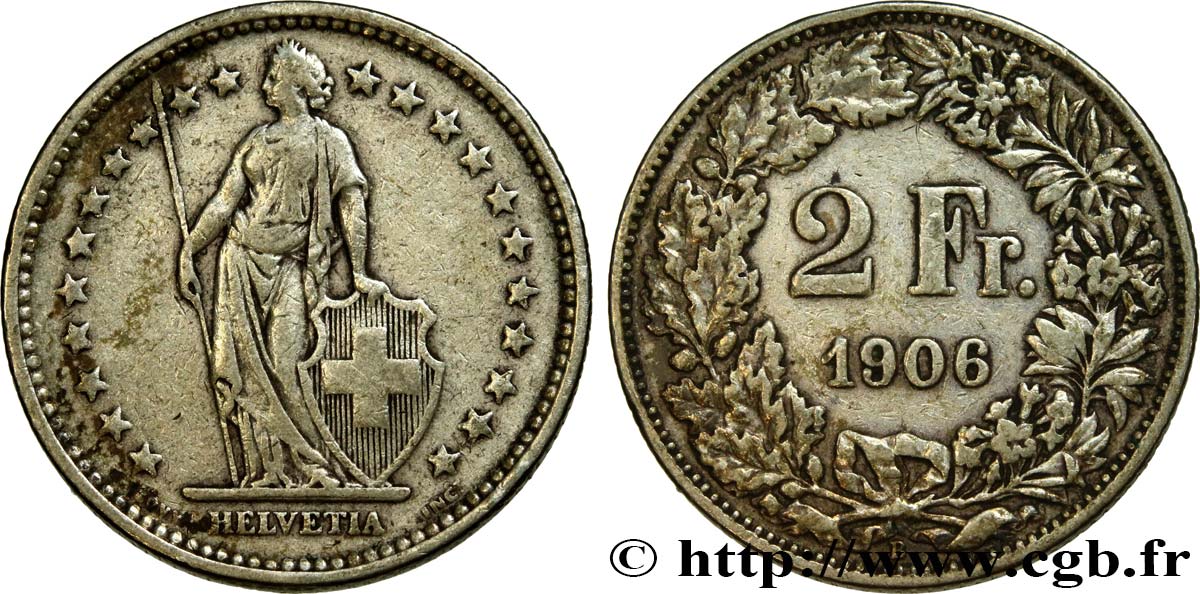 SWITZERLAND 2 Francs Helvetia 1906 Berne XF 