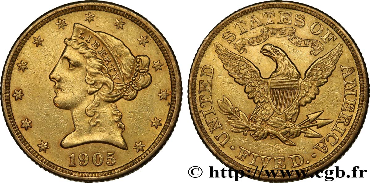 UNITED STATES OF AMERICA 5 Dollars  Liberty  1905 Philadelphie AU 