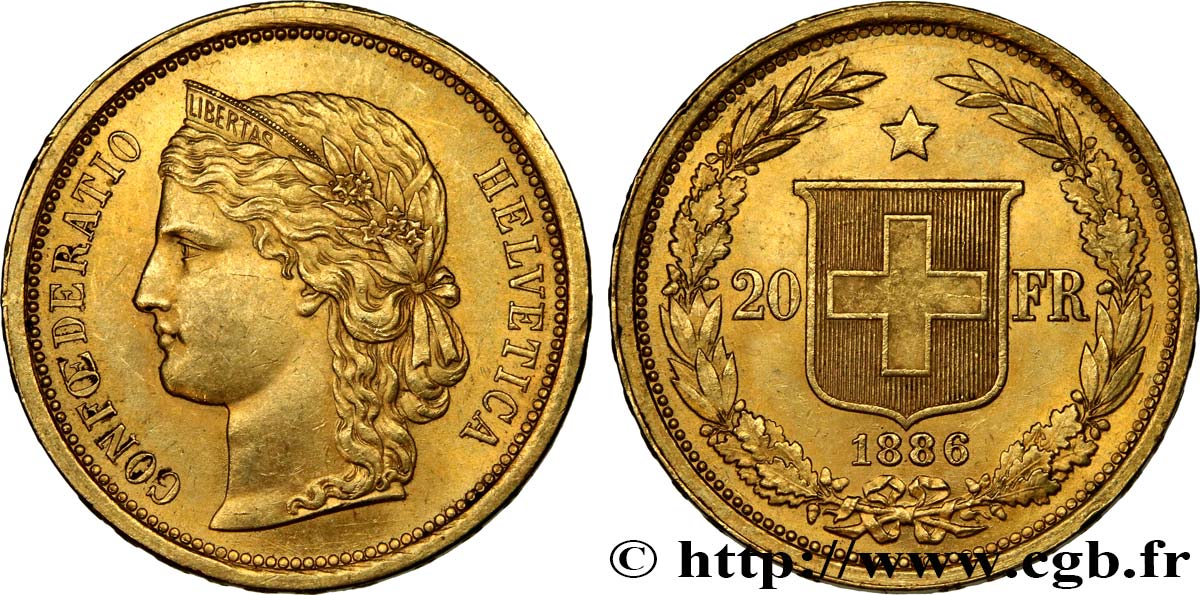 SWITZERLAND 20 Francs Helvetia 1886 Berne AU 