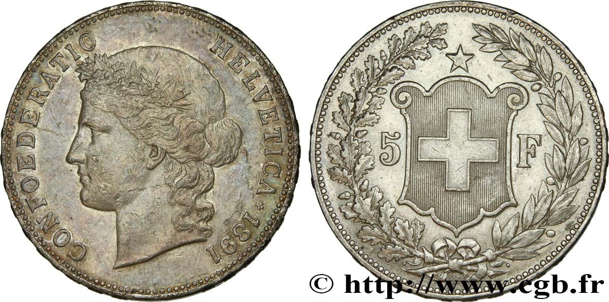 SVIZZERA  5 Francs Helvetia buste 1891 Berne q.SPL/SPL 