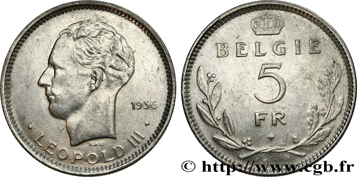 BELGIO 5 Frank (Franc) Léopold III 1936  SPL 