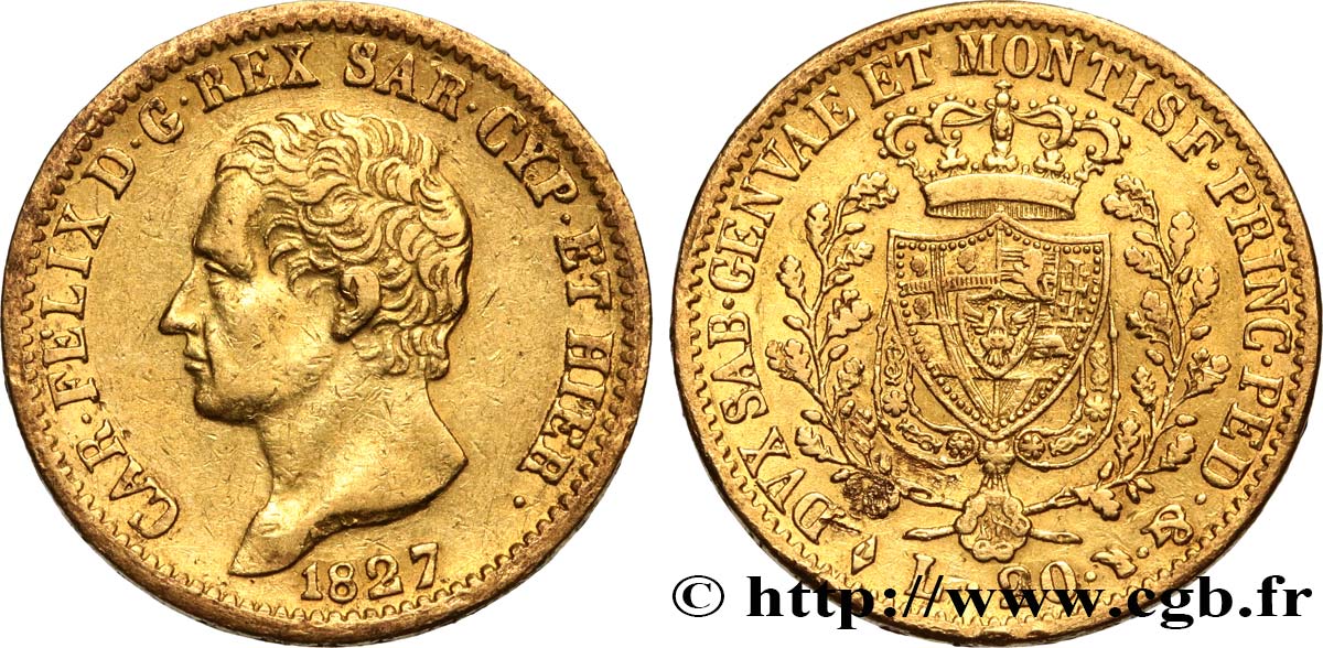 INVESTMENT GOLD 20 Lires Charles Félix 1827 Turin XF 