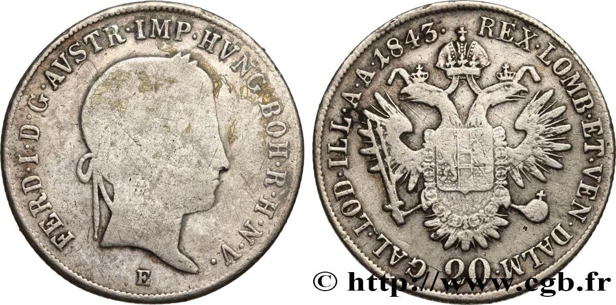 AUSTRIA 20 Kreuzer Ferdinand Ier 1843 Karlsburg - E VF 