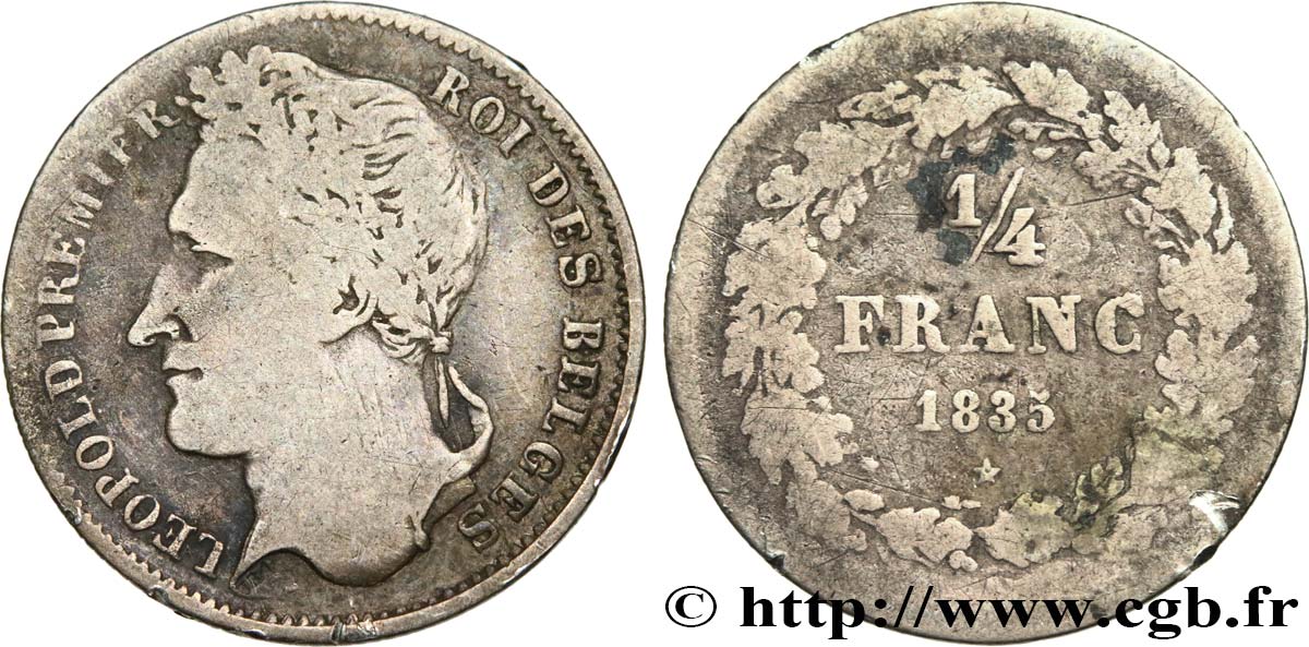 BÉLGICA 1/4 Franc Léopold Ier tête laurée type sans signature 1835 Bruxelles RC+ 