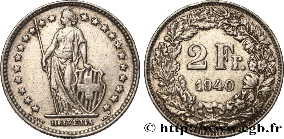 SWITZERLAND 2 Francs Helvetia 1940 Berne  AU 