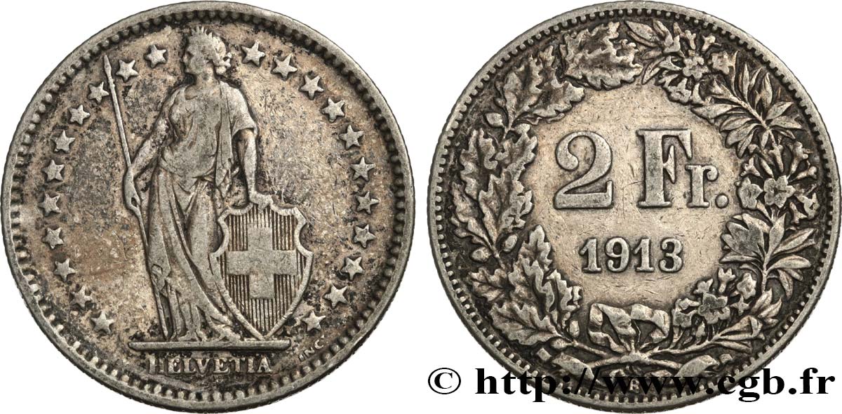 SWITZERLAND 2 Francs Helvetia 1913 Berne - B VF 