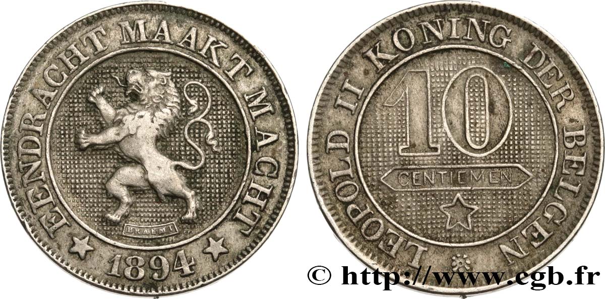 BELGIUM 10 Centiemen (Centimes) légende flamande 1894  XF 