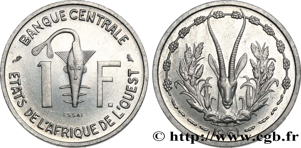 ÉTATS DE L AFRIQUE DE L OUEST (BCEAO) Essai de 1 Franc masque / antilope 1961 Paris SPL 