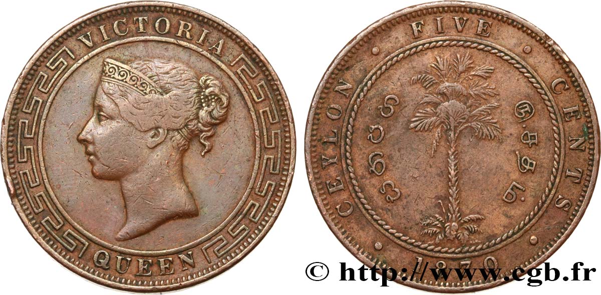 CEILáN 5 Cents Victoria 1870  BC+/MBC 