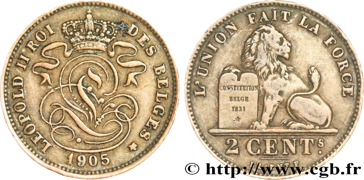 BELGIEN 2 Centimes lion monogramme de Léopold II légende française 1905  fVZ 