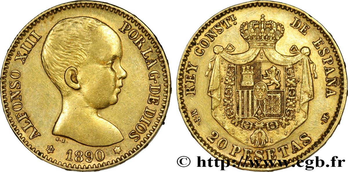INVESTMENT GOLD 20 Pesetas Alphonse XIII 1890 Madrid MBC+ 
