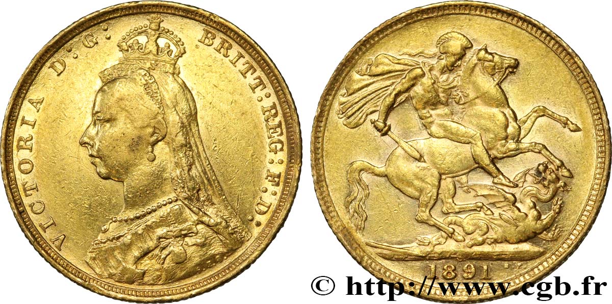 INVESTMENT GOLD 1 Souverain Victoria buste du jubilé 1891 Sydney BB 