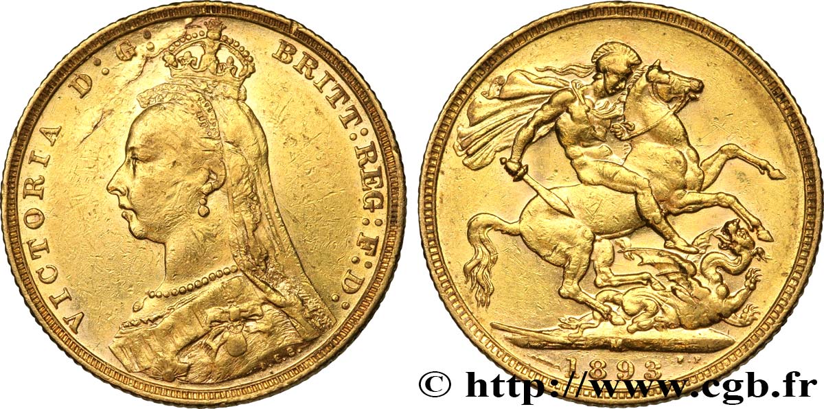 INVESTMENT GOLD 1 Souverain Victoria buste du jubilé 1893 Melbourne VF/XF 