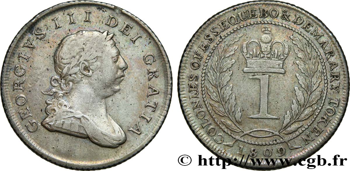 ESSEQUIBO AND DEMERARY 1 Guilder Georges III 1809  VF 