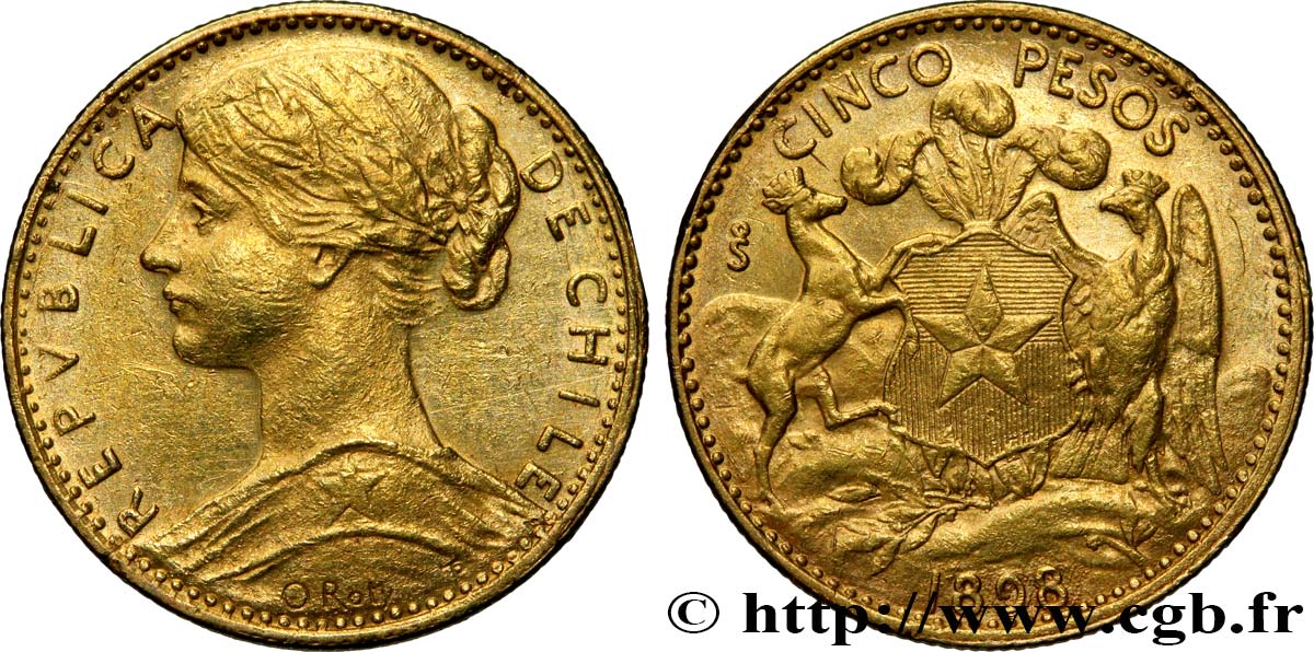 CHILI - RÉPUBLIQUE 5 Pesos or 1898 Santiago AU 