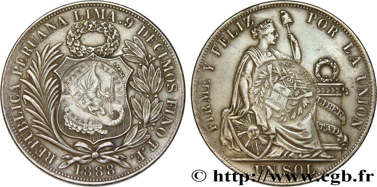 GUATEMALA 1 Peso contremarque sur 1 Sol du Pérou de 1888 1888 Lima AU 