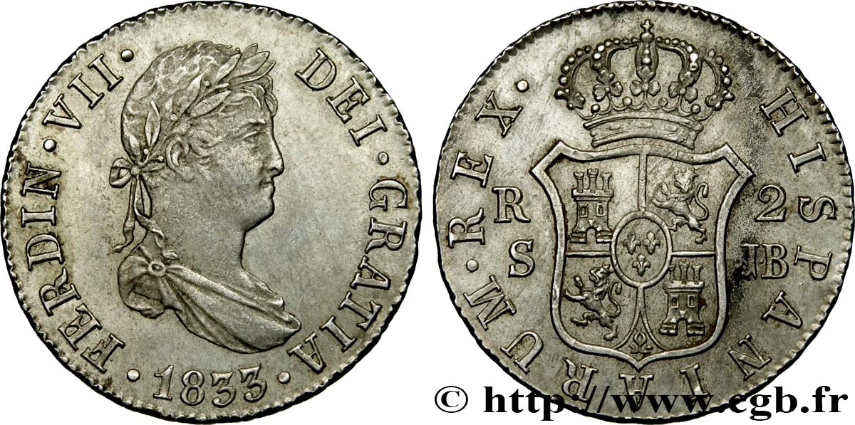 SPAIN 2 Reales Ferdinand VII 1833 Séville AU/MS 