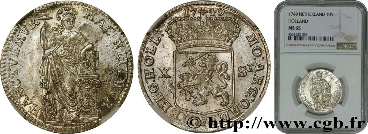 NETHERLANDS - UNITED PROVINCES 10 Stuivers Hollande 1749  MS65 NGC