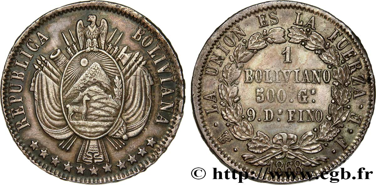 BOLIVIA 1 Boliviano 1868 Potosi AU 