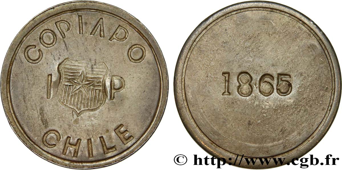 CHILE 1 Peso de Copiapo (blocus de Puerto de Caldera) refrappe 1865  AU 