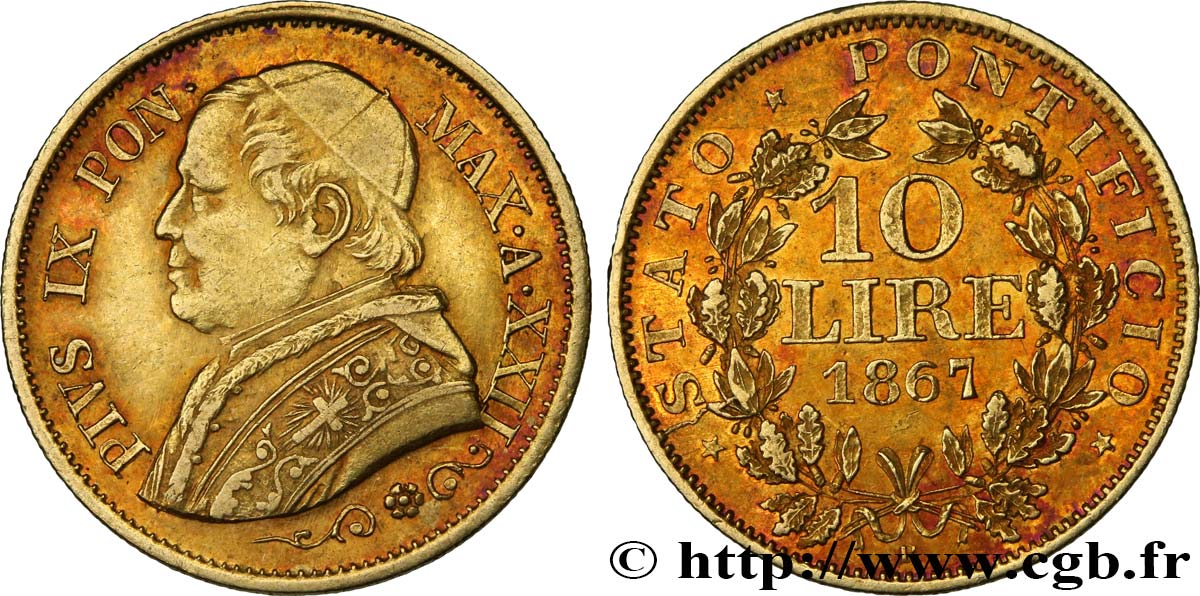 VATICAN AND PAPAL STATES 10 Lire Pie IX an XXII 1867 Rome XF/AU 